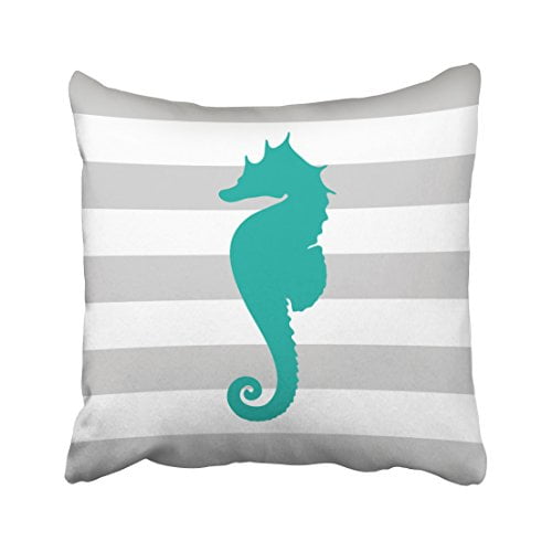 RYLABLUE Square Throw Pillow Covers Vintage Gray And Teal Nautical Stripes And Cute Seahorse Pillowcases Polyester 18 X 18 Inch With Hidden Zipper Home Sofa Cushion Decorative Pillowcase