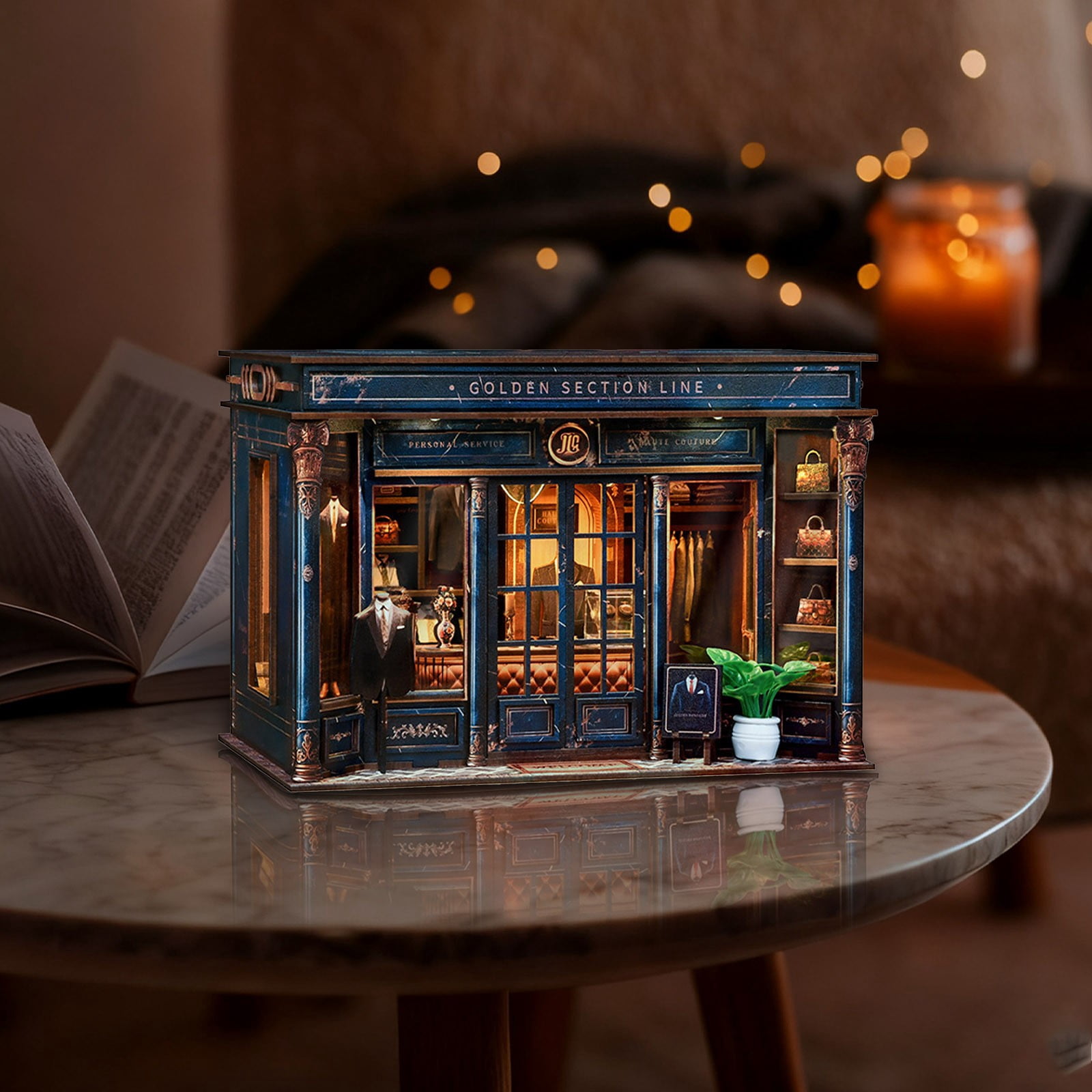 DIY Book Nook Kit - DIY Miniature Dollhouse Kit 3D Wooden Puzzles Gentleman's Clothing Store, Tiny House Bookshelf Decor with LED, Gift for Adults - Golden Section Line