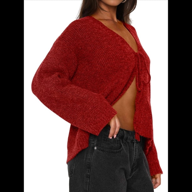 Suéter Tipo Cárdigan Corto con Lazo Frontal para Mujer, Cuello en V, Frente Abierto, Top de Punto Acanalado con Cable de Crochet Rojo S