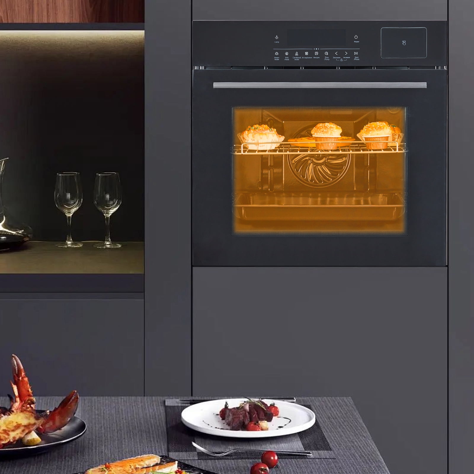 24" Electric Wall Ovens  with 8 Baking Modes 2.5Cu.ft Built-in Electric Ovens with Air Frying Function 3000W Touch Control Double-Layered Glass Door Silver