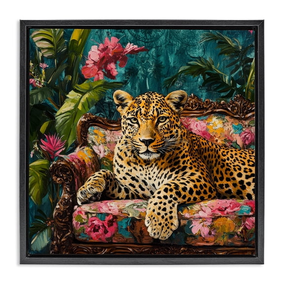 Stupell Industries Tropical Fashionable Leopard on Floral Sofa Black Floating Frame Canvas Art, 18 x 18, by Petals Prints Design