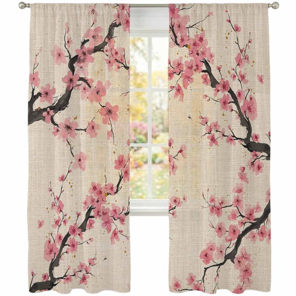 Spring Cherry Blossoms Sheer Curtains 84 Inch Long 2 Panels Pink Flower Branch Vintage Linen Light Filtering Rod Pocket Curtains, Sheer Voile Drapes for Living Room Bedroom 52"x84"