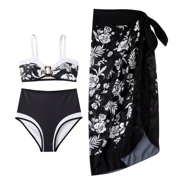 Gibobby Trajes de Baño Mujer Traje de baño de 2 piezas para mujer+1 pieza para cubrir Traje de baño con estampado vintage de piezas Bikini Monokini Traje(Negro,M)