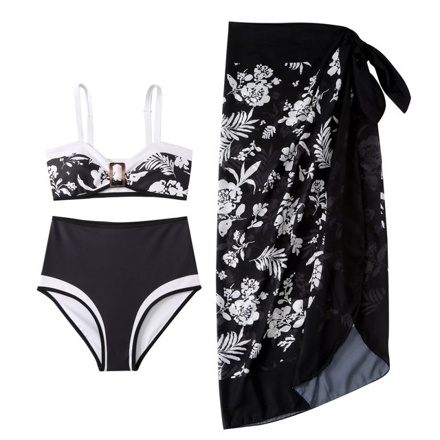 Gibobby Trajes de Baño Mujer Traje de baño de 2 piezas para mujer+1 pieza para cubrir Traje de baño con estampado vintage de piezas Bikini Monokini Traje(Negro,XL)