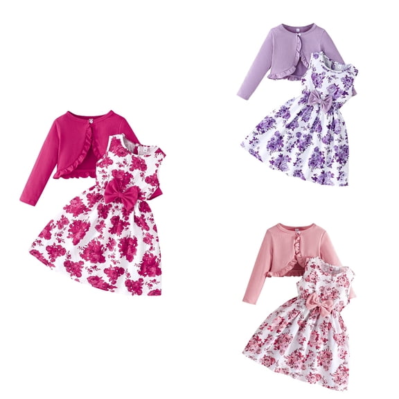 Loopsun Girls Skirt Suit with Printed Cardigan and Print Cami Dress 2 Piece Casual Outfit Purple, 6-7 Years