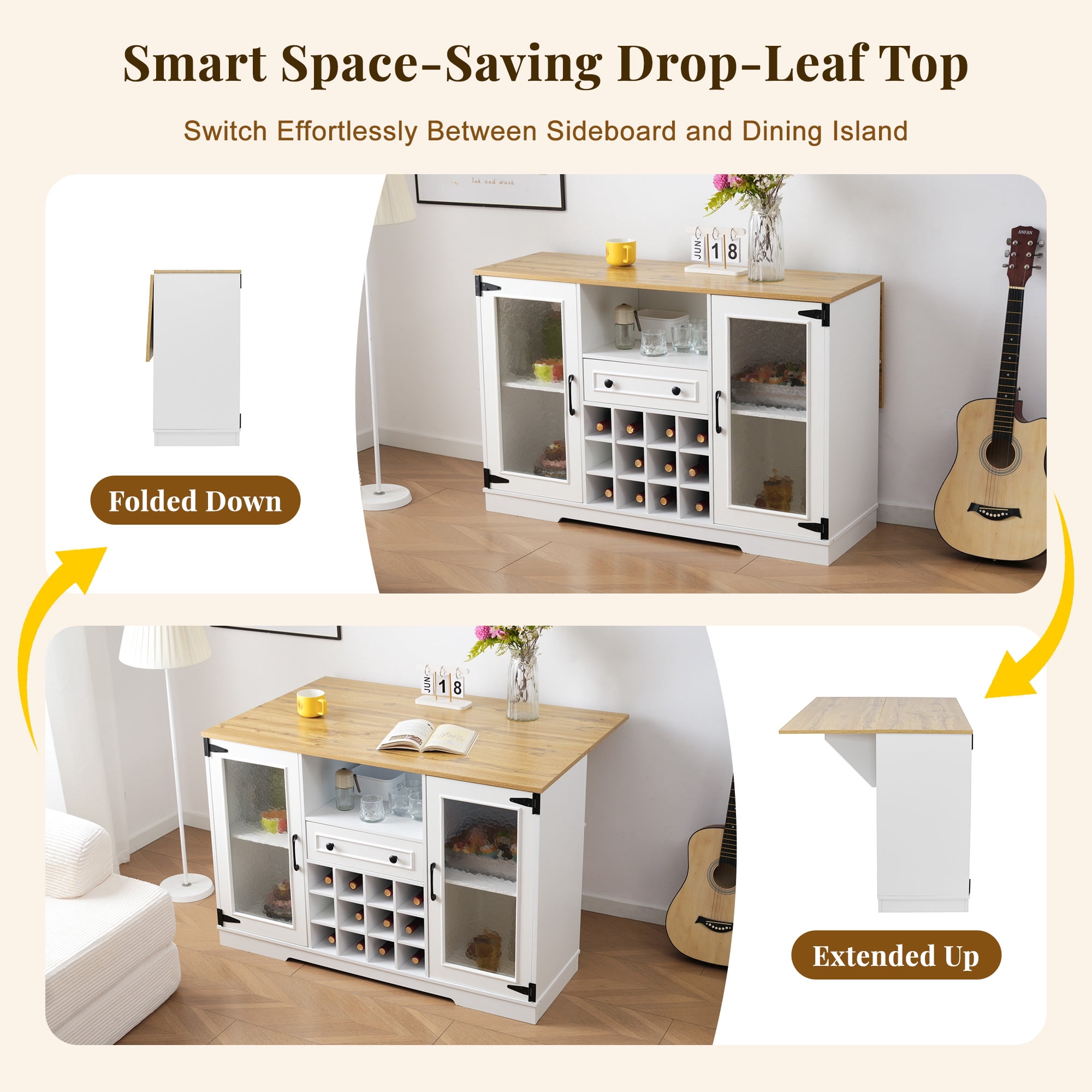 Euroco Coffee Bar Cabinet with Drop Leaf, Liquor Wine Bar Cabinet with LED Lights,Glass Doors,12 Wine Racks,1 Drawer & Open Shelf,Farmhouse Kitchen Cabinet for Dining Room,Natural+White