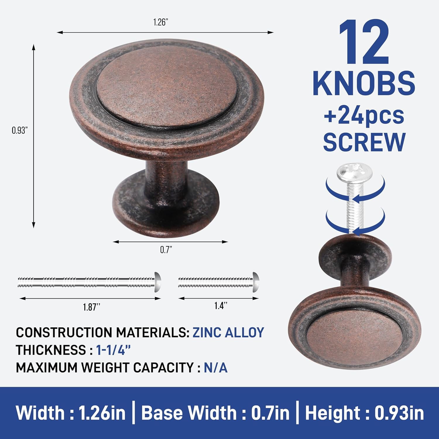 LifeMaster 12pcs 1-1/4 inch Kitchen Cabinet Knobs - Rust-Proof Oil Rubbed Bronze Finish, Modern Zinc Alloy Drawer Pulls, Strong and Stylish Handles with Screws