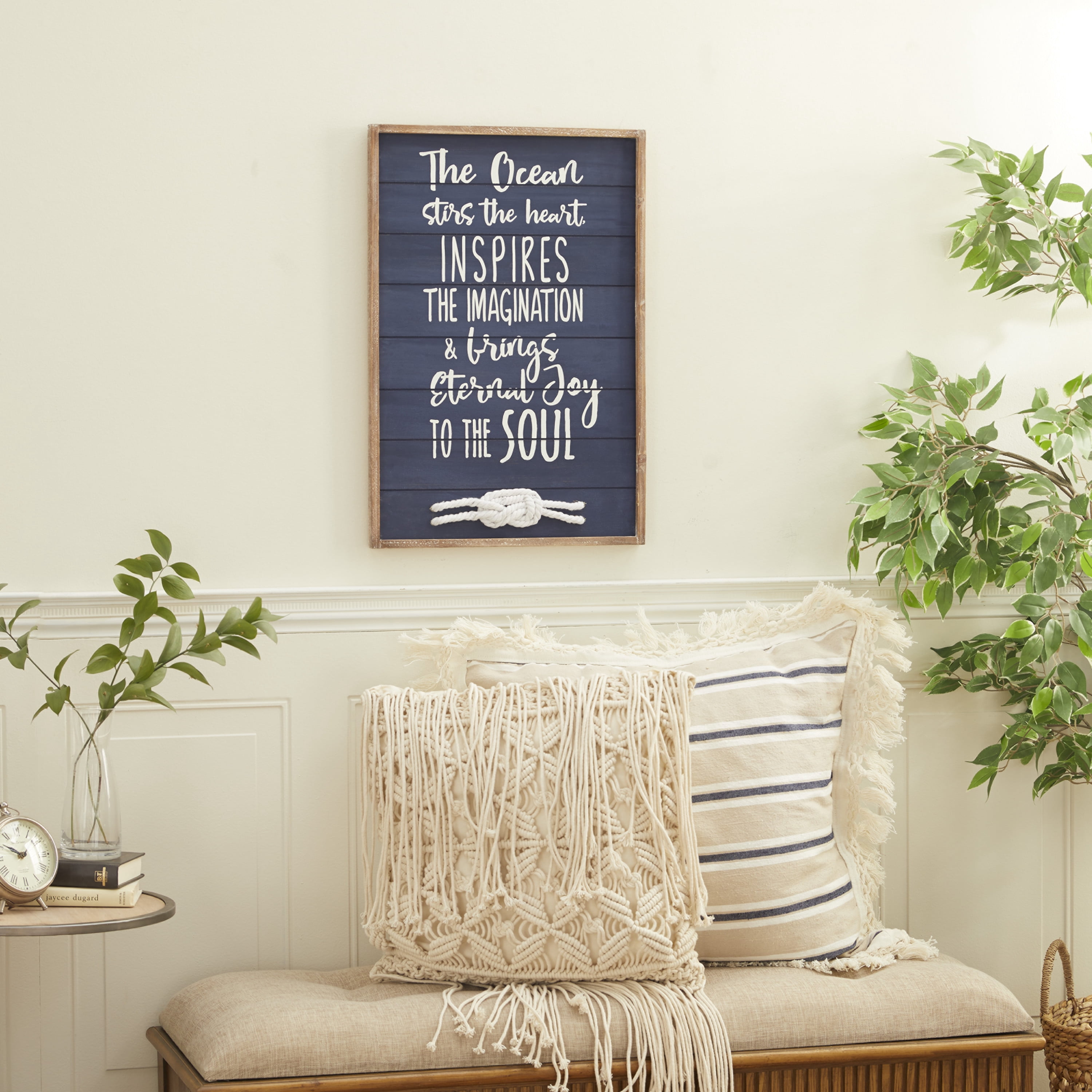 DecMode Blue Wood Ocean Sign Wall Decor with Knotted Ropes