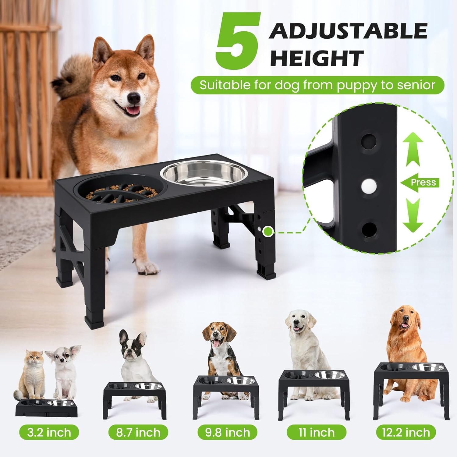 Eleated Dog Bowls Stand with Adjustable Height, 2 Stainless Steel Bowls and Slow Feeder, Perfect for Small to Large Dogs, Promotes Digestion and Comfort, Ideal for Pets with Mobility Issues, Black