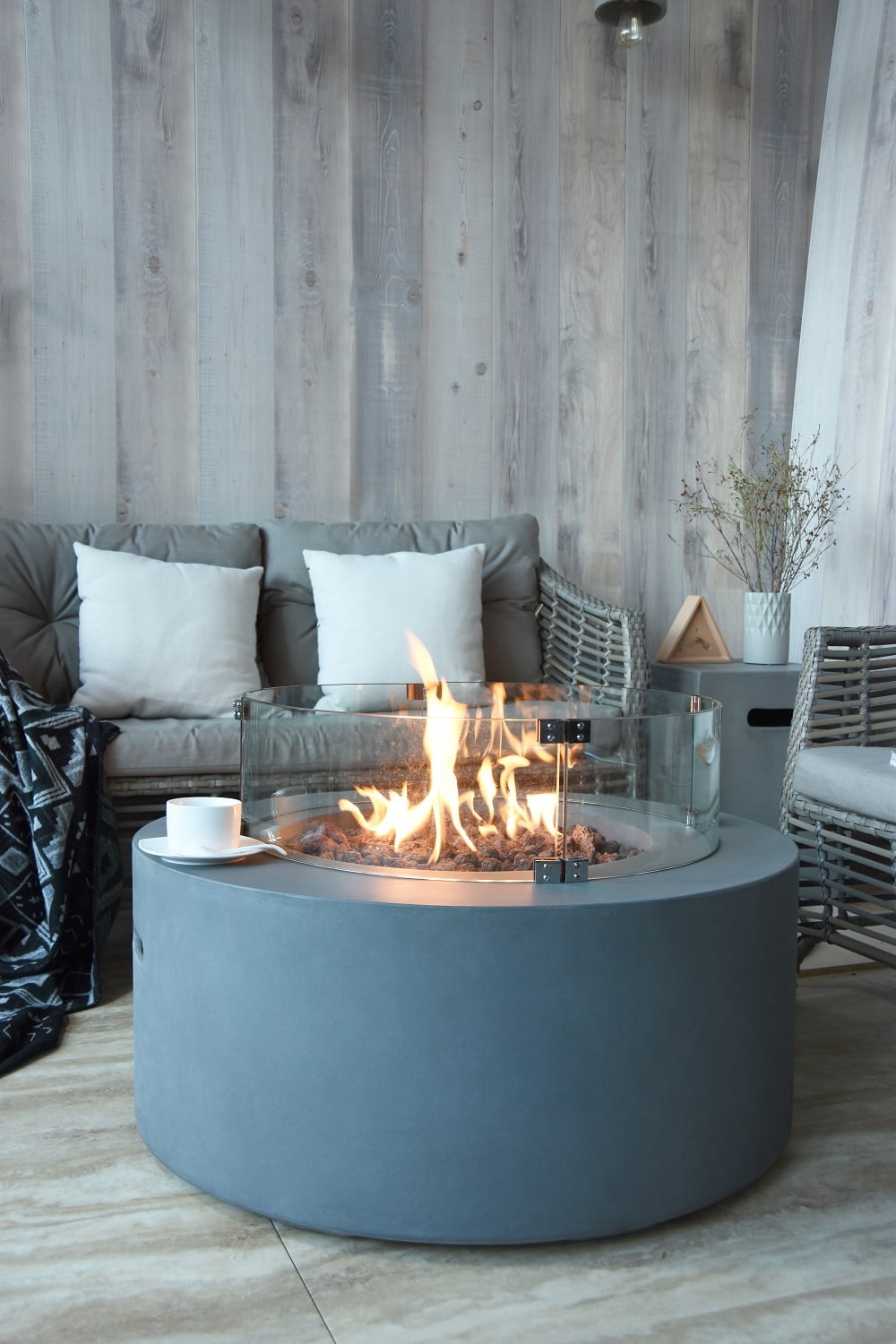 outdoor tabletop fireplace on Modeno Outdoor Roca Fire Pit Table Grey Durable Round Fire Bowl Glass Fiber Reinforced Concrete Propane Patio Fire Place 34 Inches Electronic Ignition Cover And Lava Rock Included Walmart Com Walmart Com