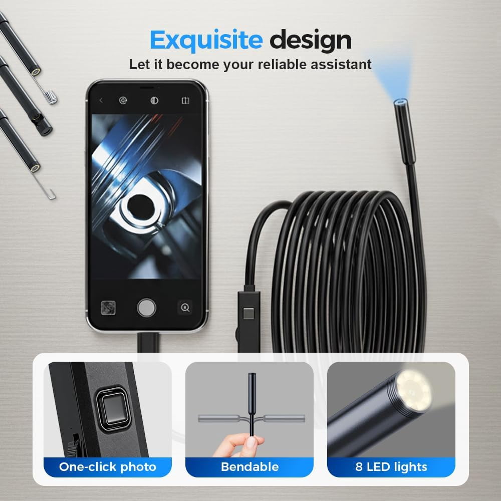 Drain Camera, Endoscope Camera with Light for Iphone, Pipe Camera,  Endoscope Camera for Android, for Iphone Endoscope Camera with Light, 1080P HD Flexible Inspection Cameras with 8 Adjustable Lights