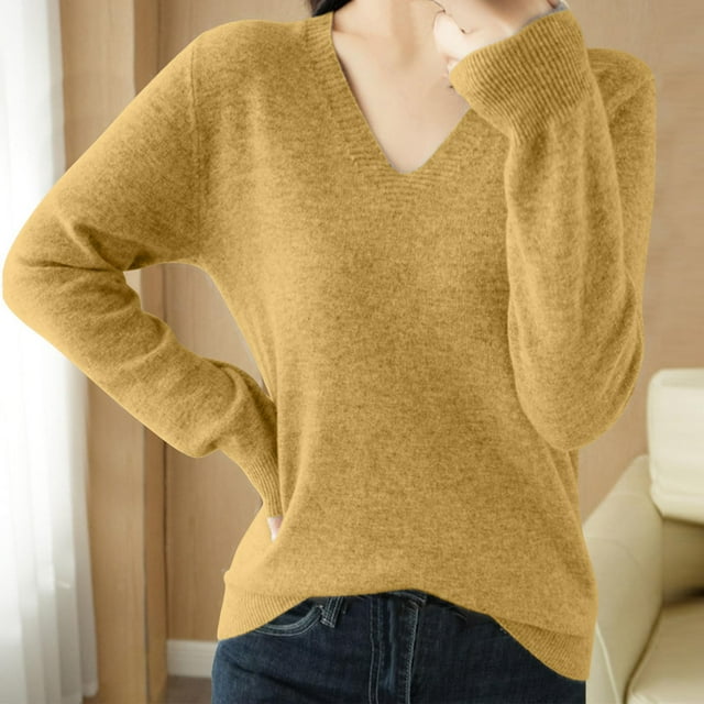 asjyhkr Tops For Women Long Sleeve Knit Cotton V Neck Sweater Pullover Basic T Shirts Solid Color