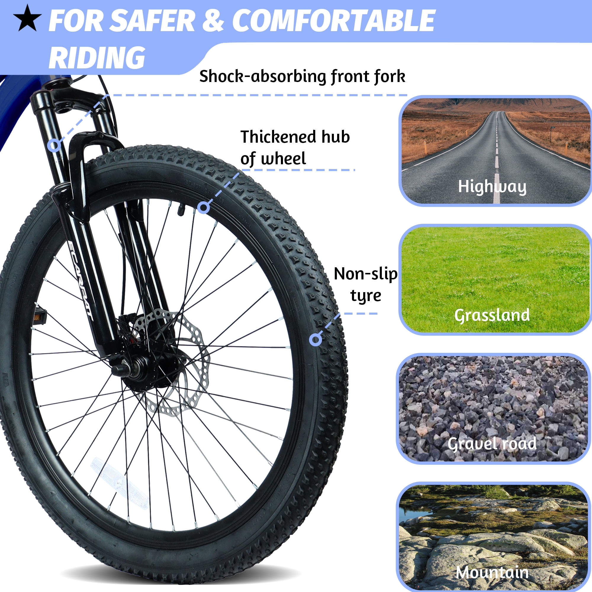Juuar 24" Adult Mountain Bikes for Men Women Age 13+, 7 Speed Front Suspension MTB Bicycle, Durable Steel Frame Commuter City Bike with Disc Brake & V-Brake, Fits Riders 51"-59", Blue