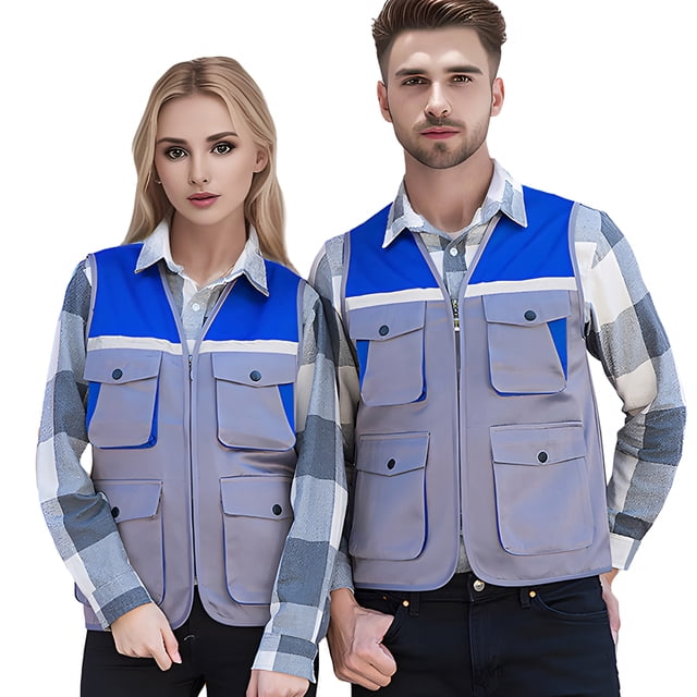 TOPTIE Reflective Working Vest with 4 Pockets Color Block Zipper Front High Visibility with Reflective Strips-Grey-S