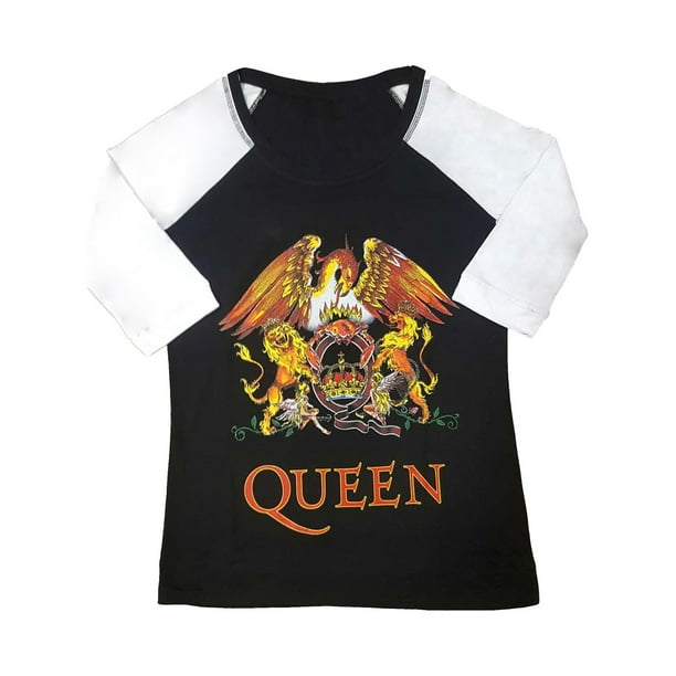 Queen - Camiseta Classic Escudo Raglan para Mujer (Negro, Blanco)