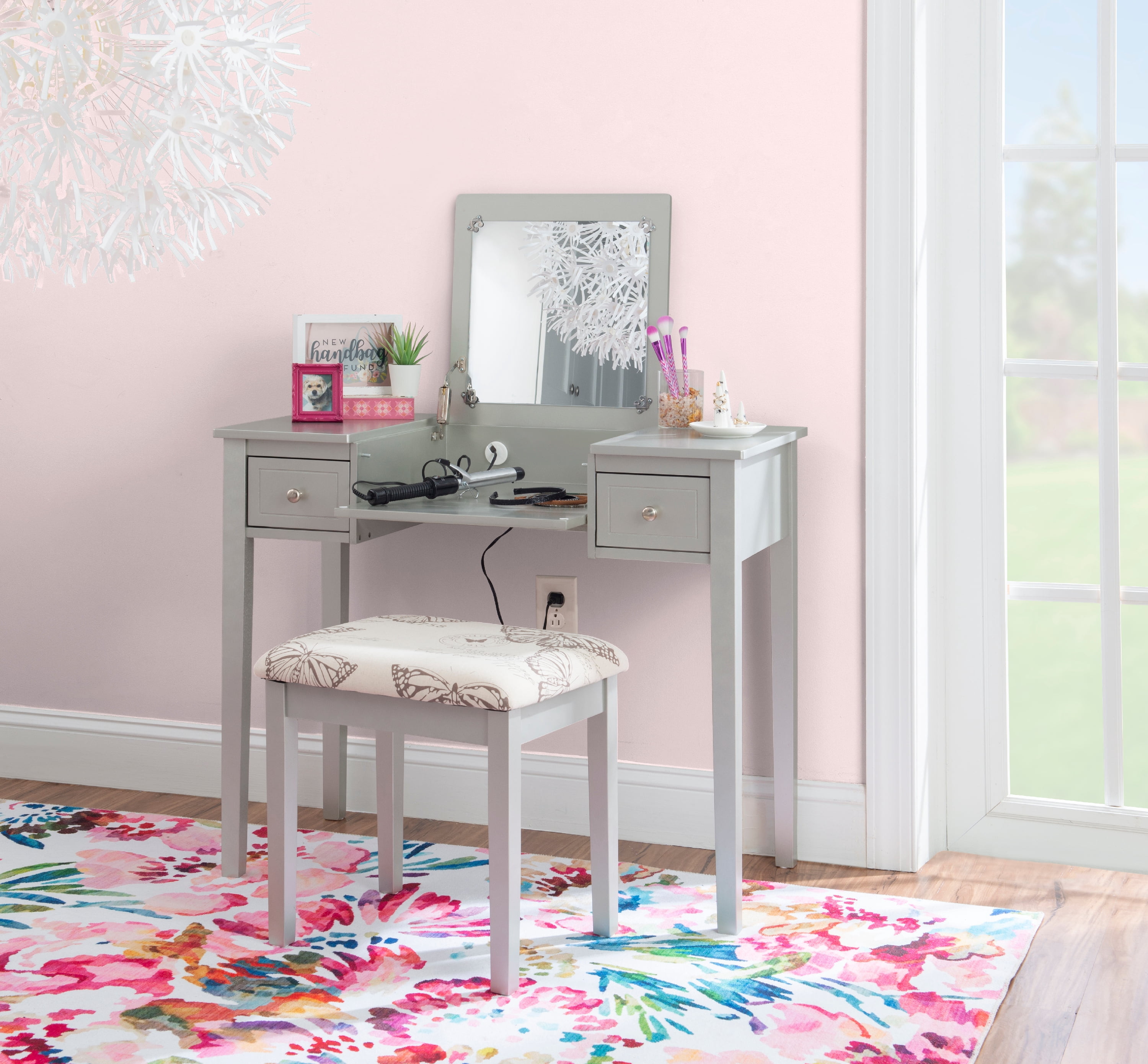 Ramsey Silver Flip-Top Mirror Vanity and Butterfly Upholstered Stool Set