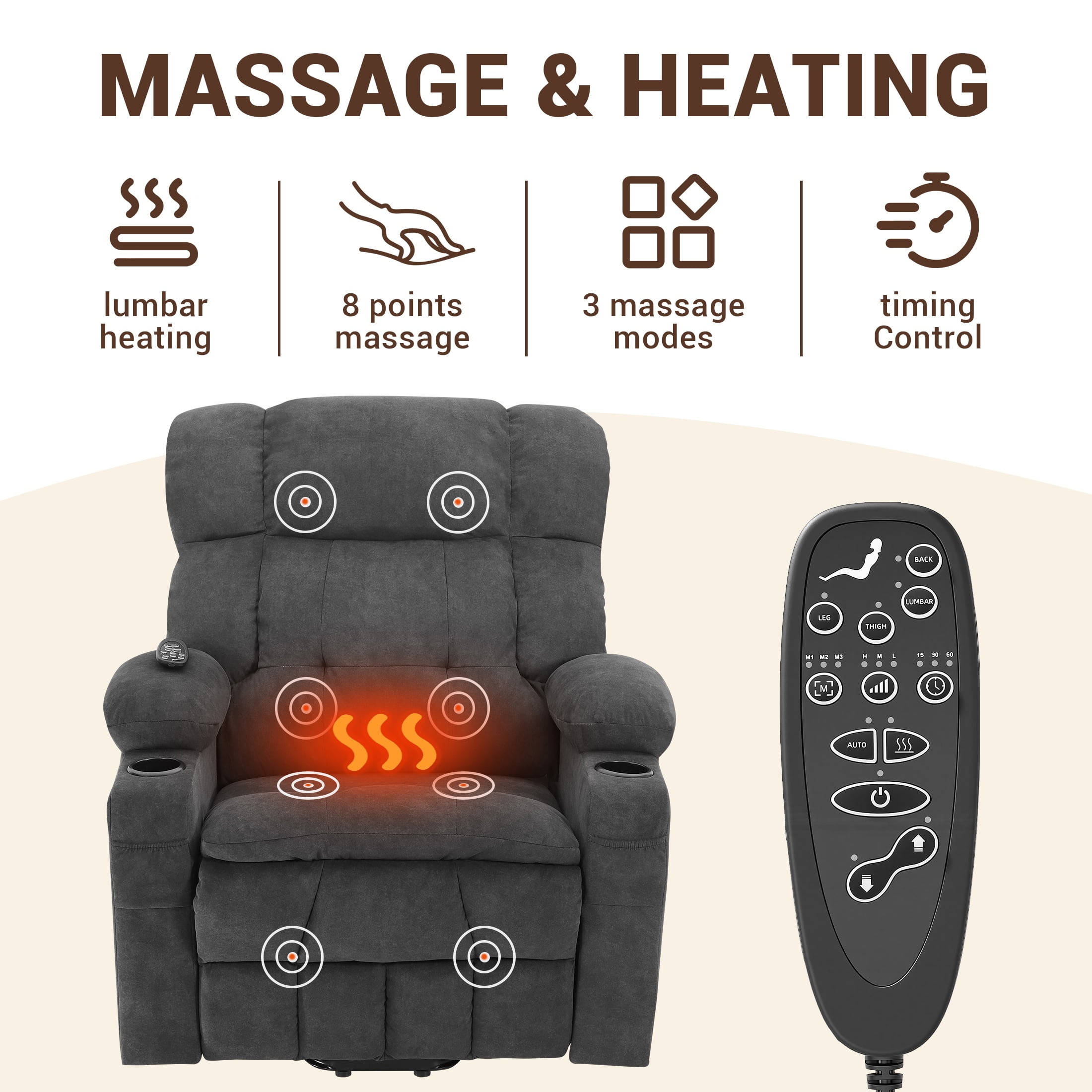 Oversized Power Lift Recliner Chair with Massage and Heat for Elderly, UHOMEPRO Large Wide Seat Recliners for Big and Tall, Safety Motion Reclining Mechanism with Cup Holders and USB, Gray