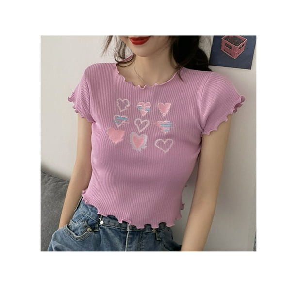 Women T Shirt High Waist Frill Trim Sweet Style Pretty Print Short Sleeve Top for Summer Purple Free Size