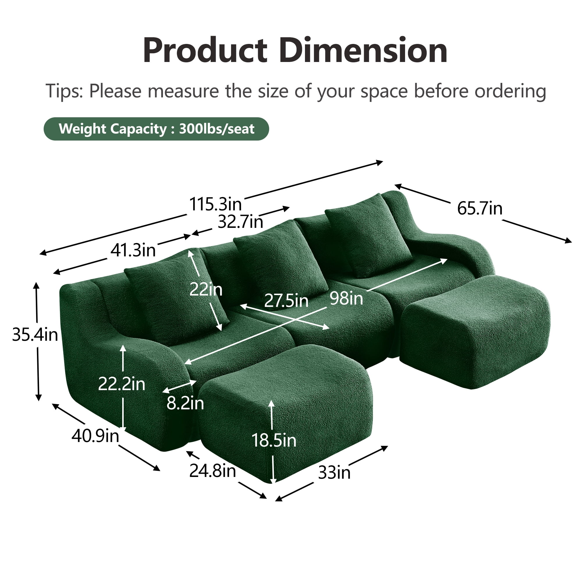 Alvantor Sectional Sofa with Reversible Ottoman U-Shaped 115" W 3-Seater Teddy Boneless Couch Modern Deep Seat Cloud Sofa for Living Room Green