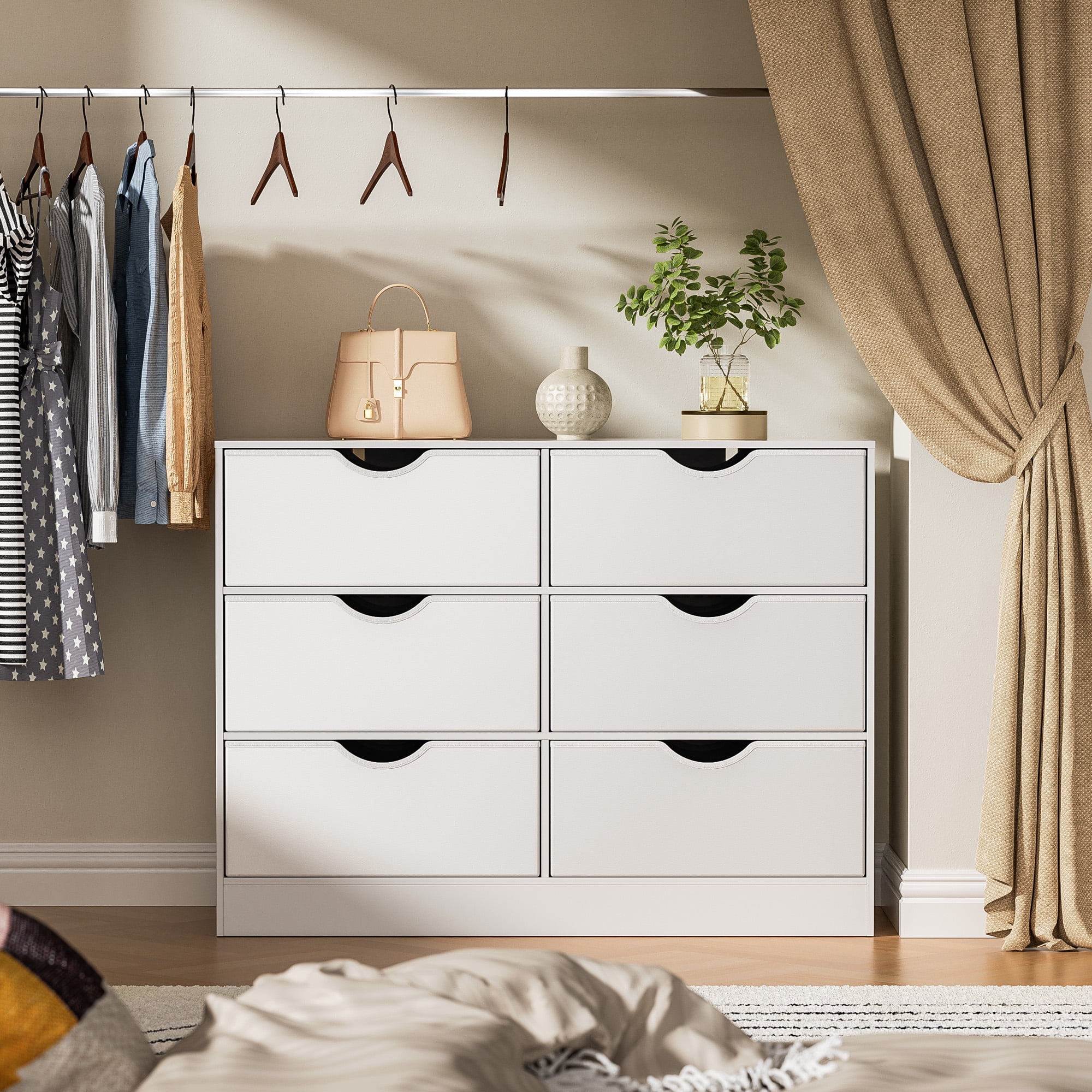 3 Tier Storage Organizer Wooden Book Shelf, 6 Cube Bookcase, 6 Removable Fabric PU Drawers Open Bookshelf, Modern Floor Standing Display Bookshelf for Living Room, Entryway, Home Office,White