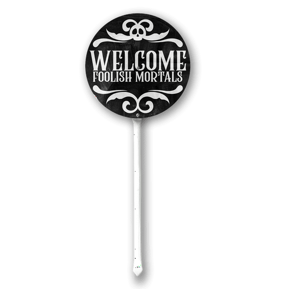 Eveokoki Home Halloween Yard Stake, 9.2x9.2 Inch Welcome Foolish Mortals Aluminum Sign With Stake, Outdoor Decoration Garden Lawn Driveway Yard Sign for Halloween