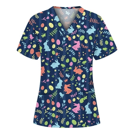 

Easter Scrubs Tops Women Nurse Working Uniforms Cartoon Printed V Neck Short Sleeve Medical Scrub Shirts /XL