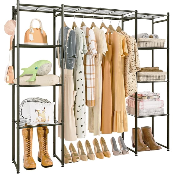 Portable Clothing Rack with 8 Shelves and 1 Hanging Rod, Freestanding Wardrobe Organizer, 63" H x 63" W x 12" D, Black Iron