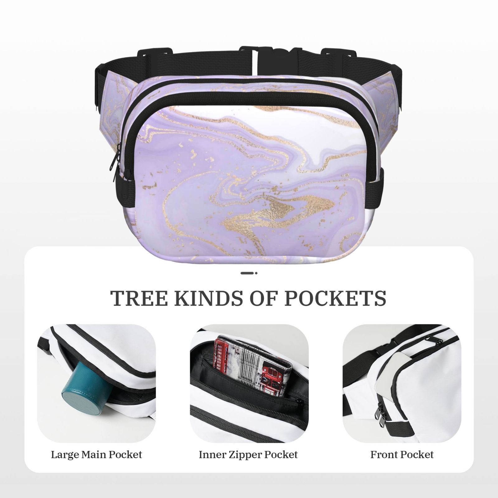 Picia Lavender Glitter Foil Stripes Print Square Double-Layer Waist Bag Mini Adjustable Waist Belt Bag Exercise Running Travel Hiking