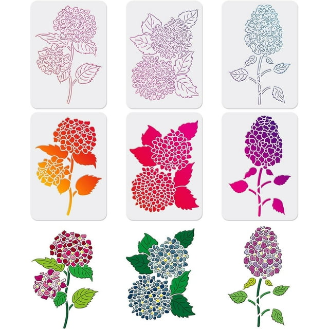 Plantilla de hortensias en capas (6 piezas, 11,7 x 8,3 pulgadas) - Plantilla para pintar flores sobre madera, lienzo, papel, pared y azulejos - Diseño Verano Eterno