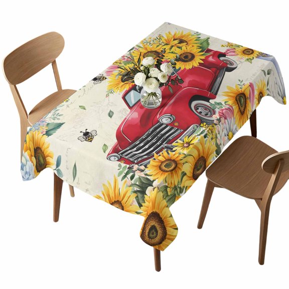 Waterproof Tablecloth Country Sunflower Red Truck Rectangle Table Cloth 52x70in,Wipeable Washable Table Cover Spring Flower Cute Bee Tablecloths for Dining Tables Kitchen Picnic Camping Outdoor Party