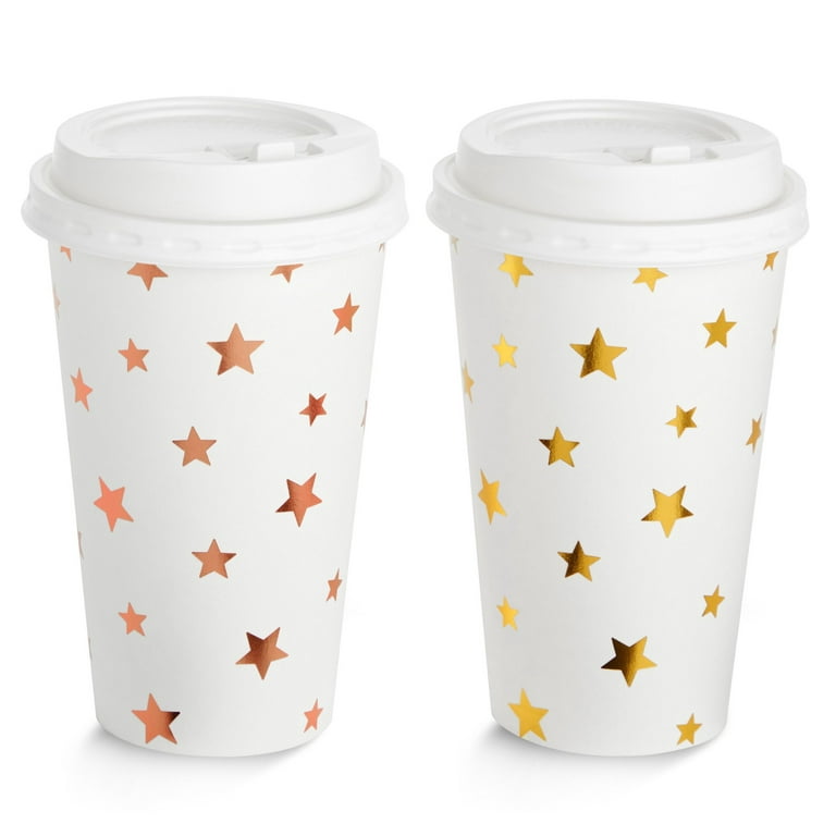 48 Pack Insulated Disposable Hot Coffee Cups with Lids, 4 Assorted Foil  Star Designs (16 oz)
