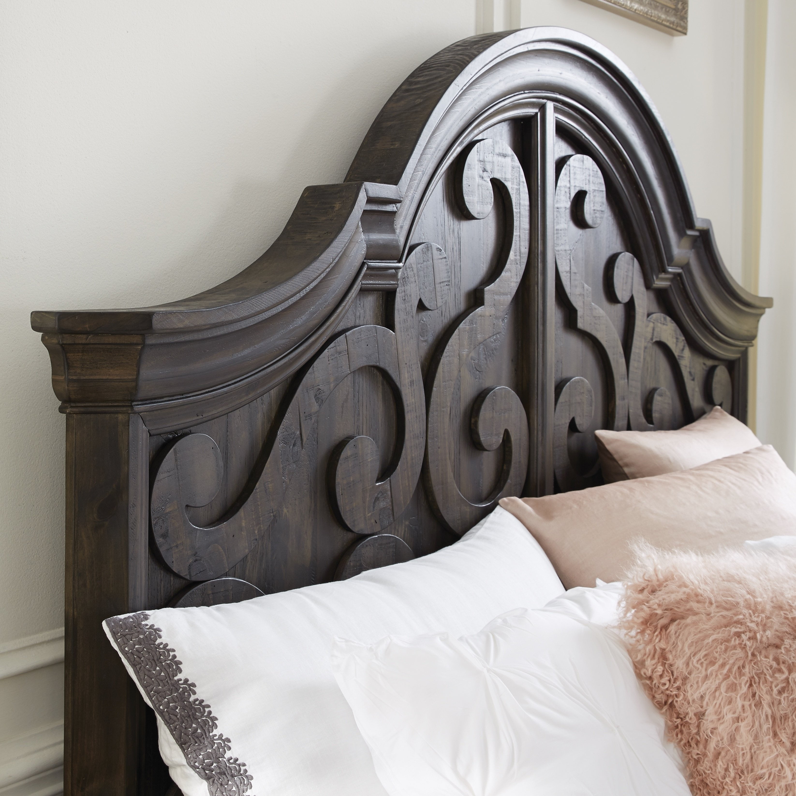 Bellamy Traditional Peppercorn Queen Panel Bed Shaped Headboard King