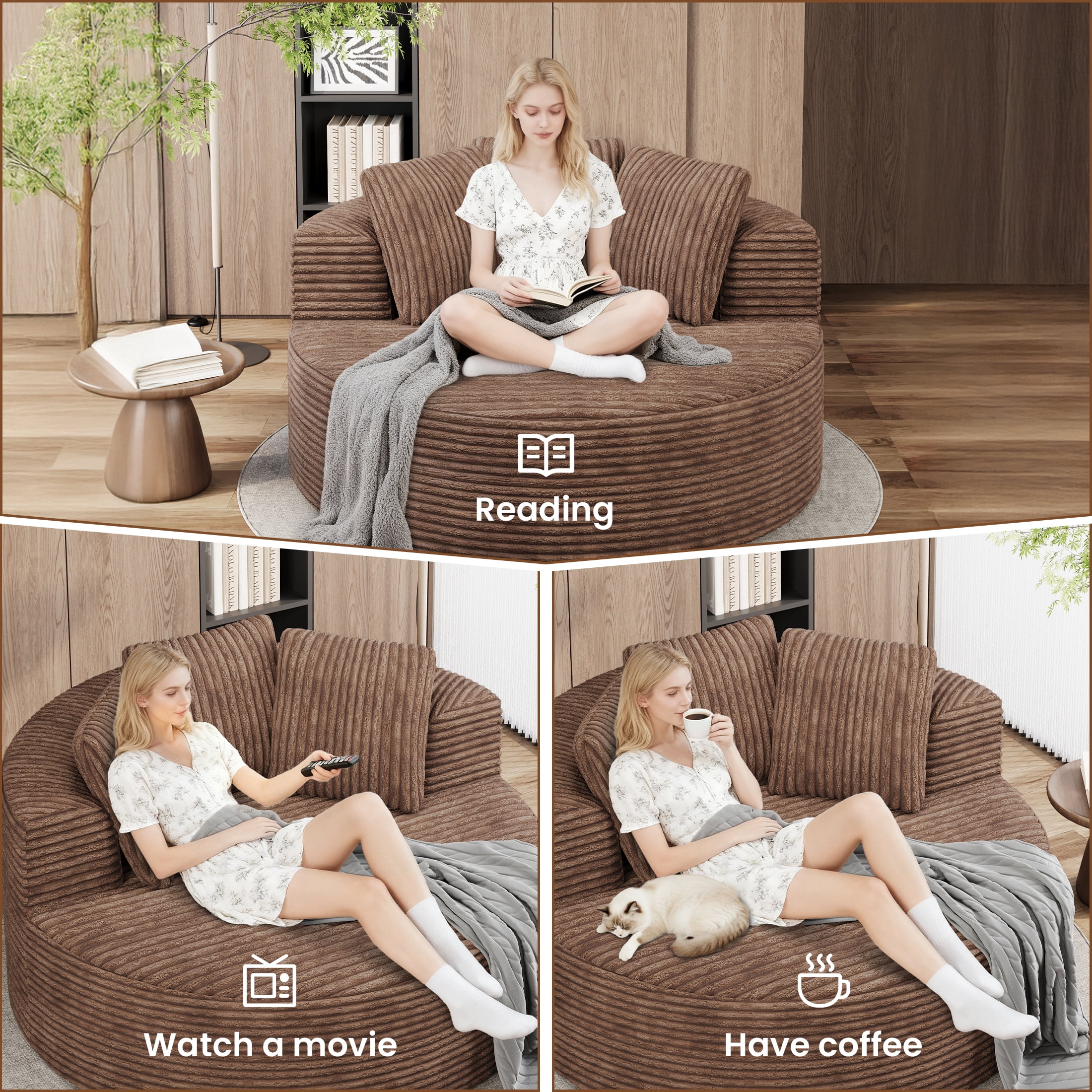 Magic Home Modern Lazy Sofa Foam Couch Sectional Sofa Togo Sofa Floor Sofa for Bedroom,Living Room,Apartment and Small Space,Single Seat Sofa,Brown