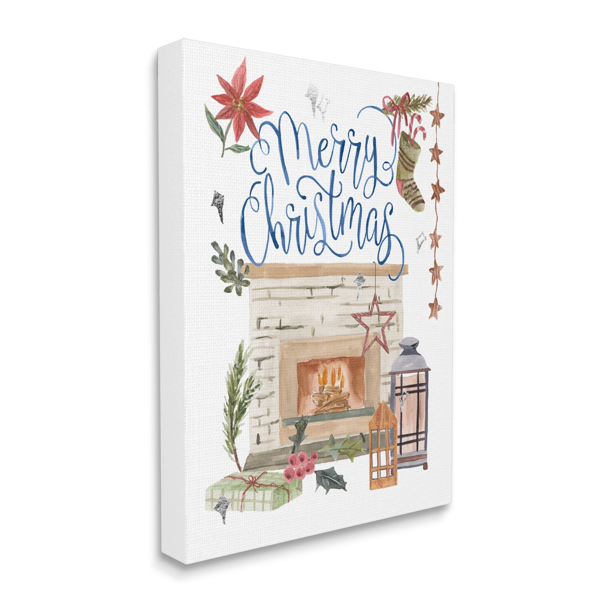 Warm Winter Fireplace Christmas Holly Motif Sentiment Inspirational Painting Gallery-Wrapped Canvas Print Wall Art