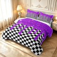 thumbnail image 3 of Manfei Checkered Art Bed Spread Queen,Geometric Plaid Queen Coverlet Set,Black White Purple,3 Pieces,1 Quilt and 2 Pillowcases, 3 of 7