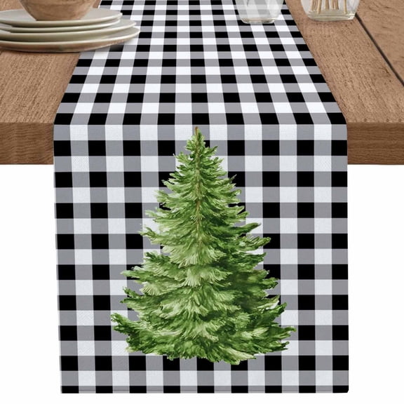 nqOlkjepod Christmas Tree Table Runner 60 Inches Long Farmhouse Dress Scarves, White Black Plaid Farmhouse Xmas Holiday Dining Tablerunner for Coffee Table/Kitchen Island/Party Décor, 13" x 60"