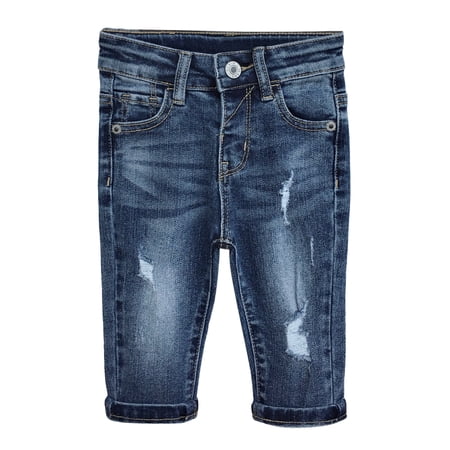 KIDSCOOL SPACE Infant Jeans,Baby Toddler Elastic Band Inside with D-ring Distressed Soft Stretch Denim Pants,Mid Blue,6-9 Months
