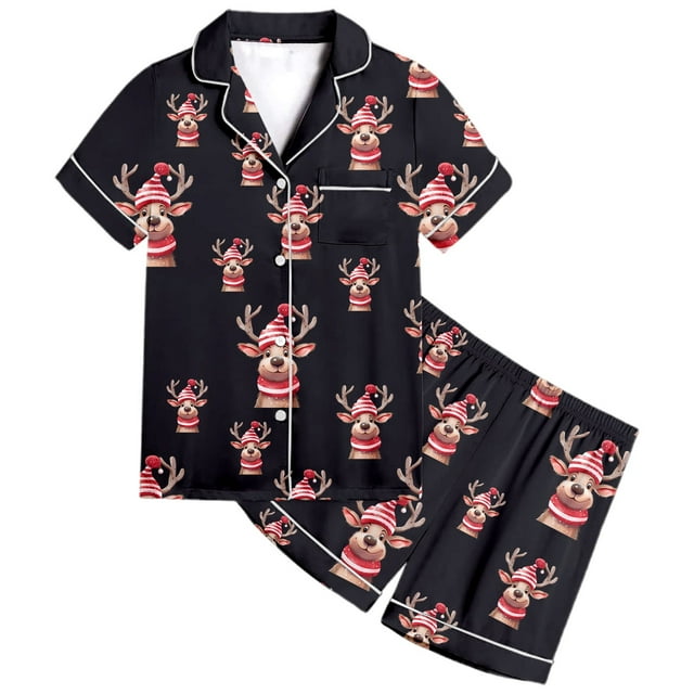 TZEWGL Night Suit For Baby Satin Silk Short Sleeves Button Down Top Classic Shorts With 2 Piece Set Features Pjs For Kids size 6-7T