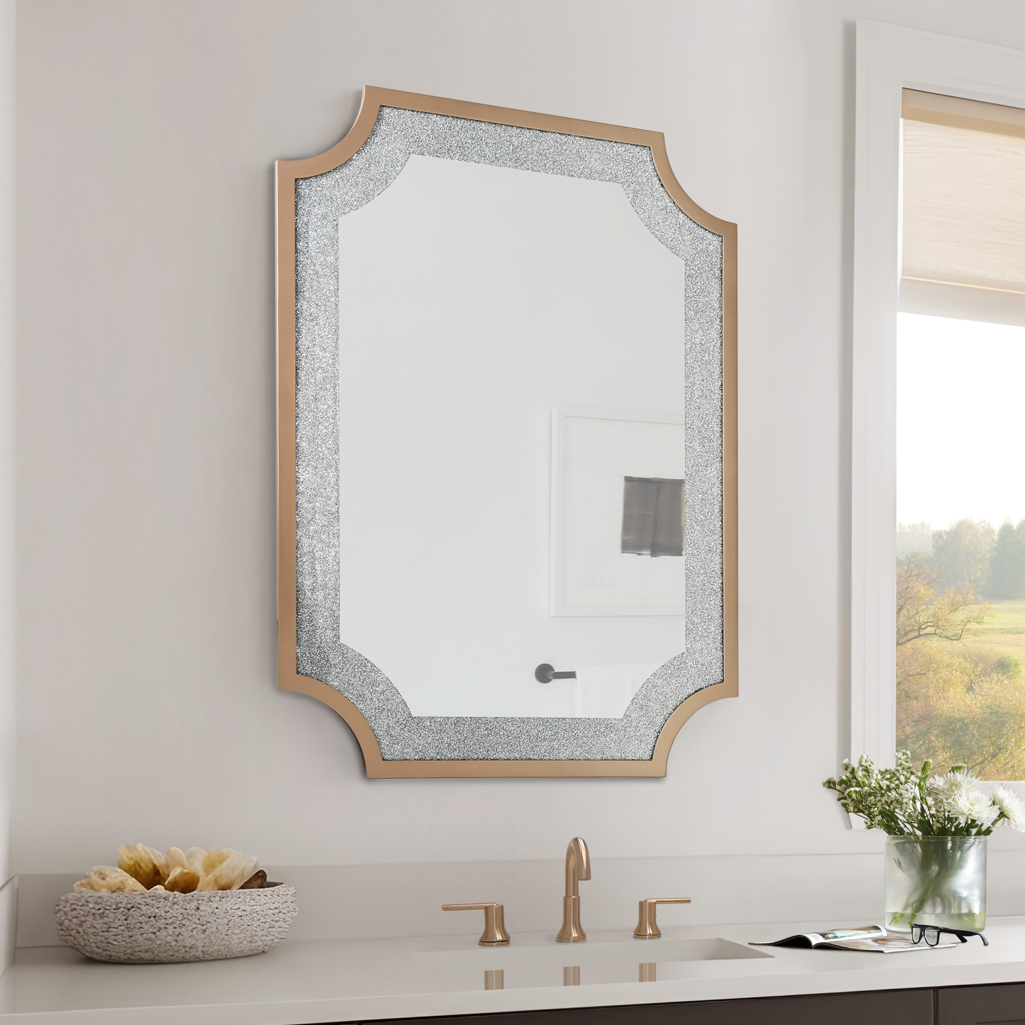 LNC 33.9"x47" Rectangular Gold Bathroom Wall Mirror with Rhinestone Inlay and MDF Frame
