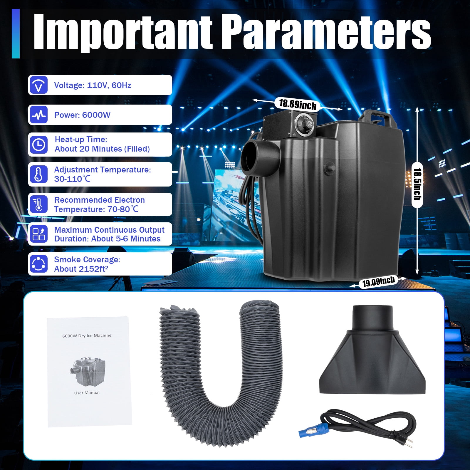 Miumaeov 6000W 2.64gal Dry Ice Low Lying Fog Machine with Tube Effect for Indoor Outdoor Stage Wedding Party Club