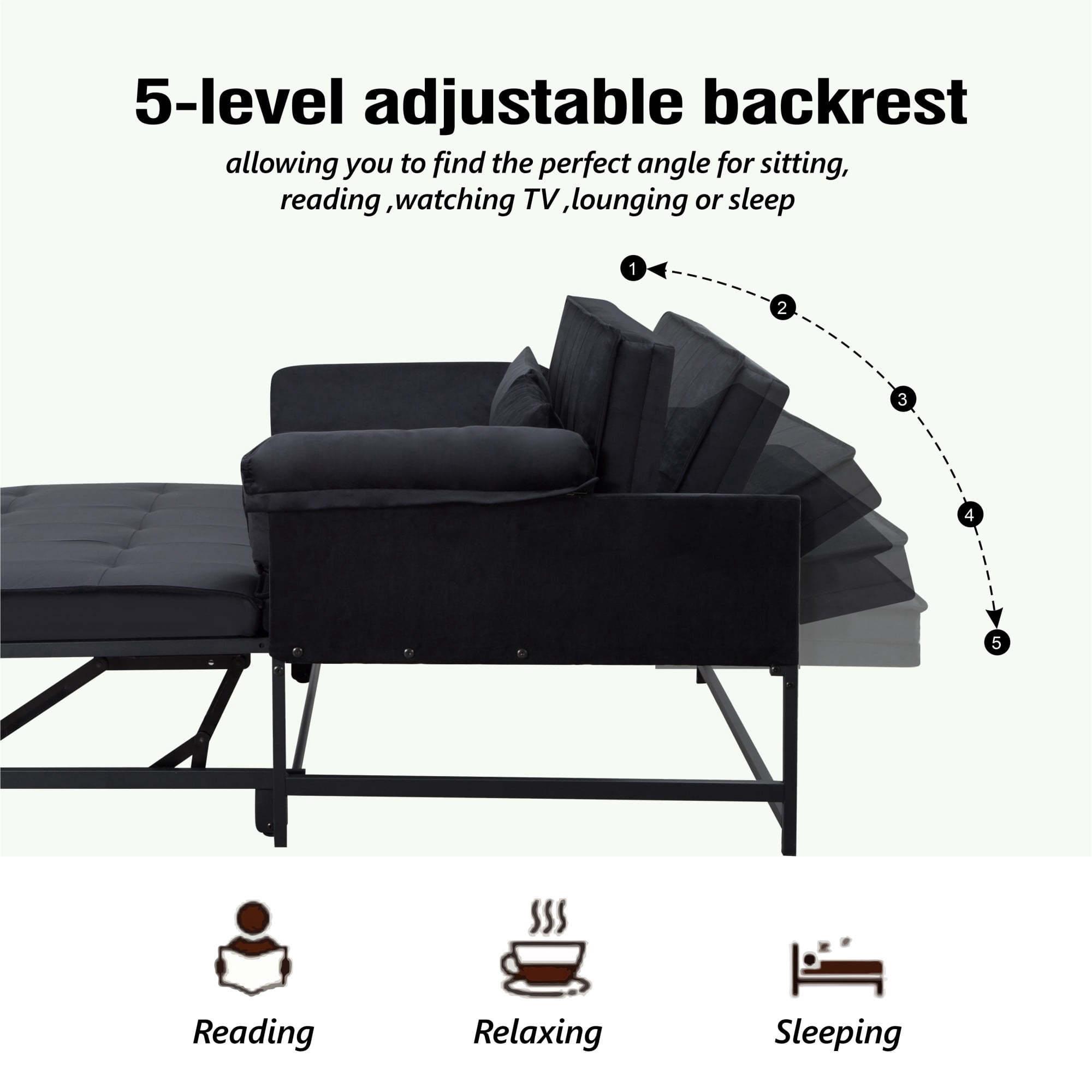 DEALTOPS 46" Velvet Pull-Out Sleeper Sofa Bed, 2-in-1 Convertible Loveseat with 5-Level Reclining Backrest, Black