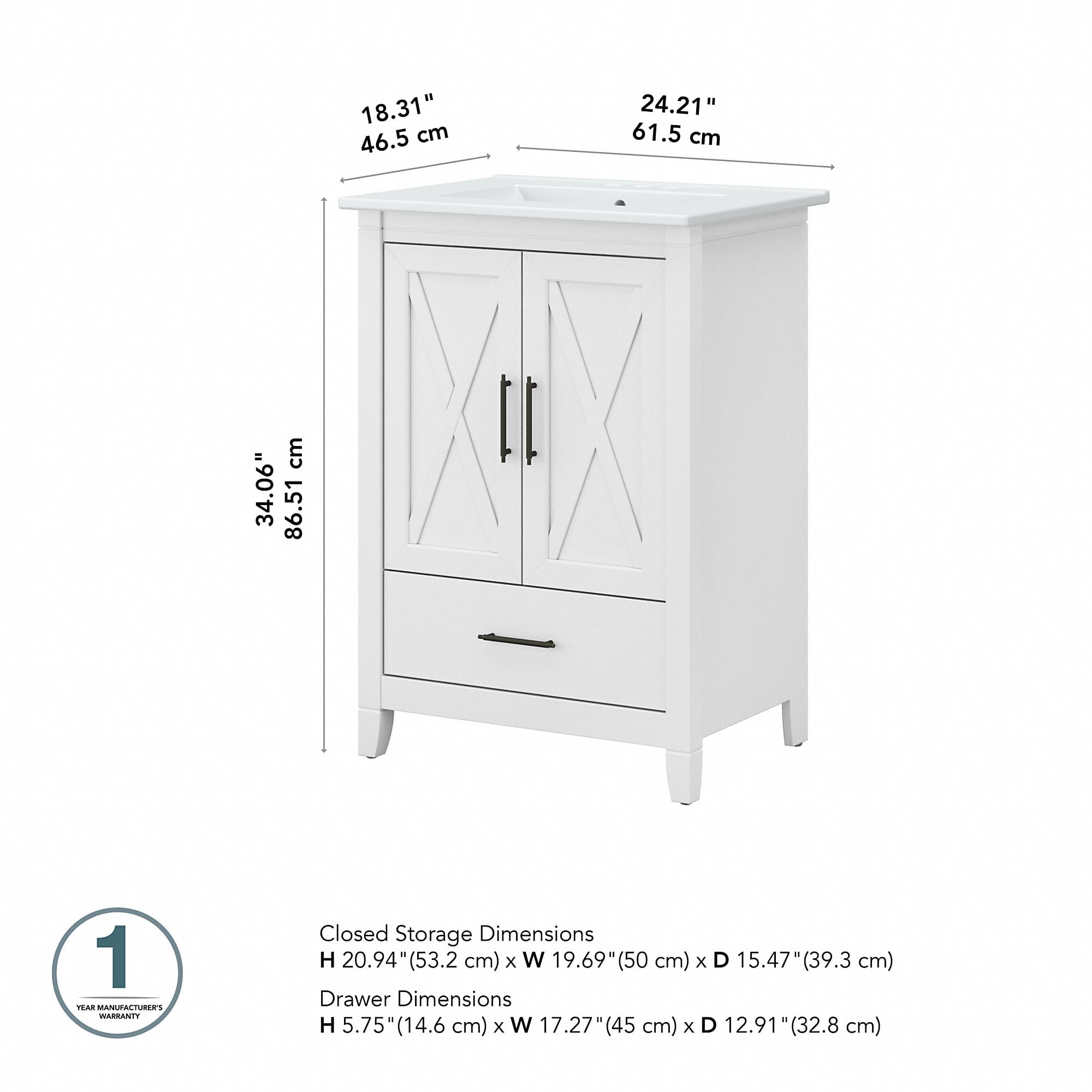 Bush Furniture Key West 24W Bathroom Vanity with Sink in White Ash