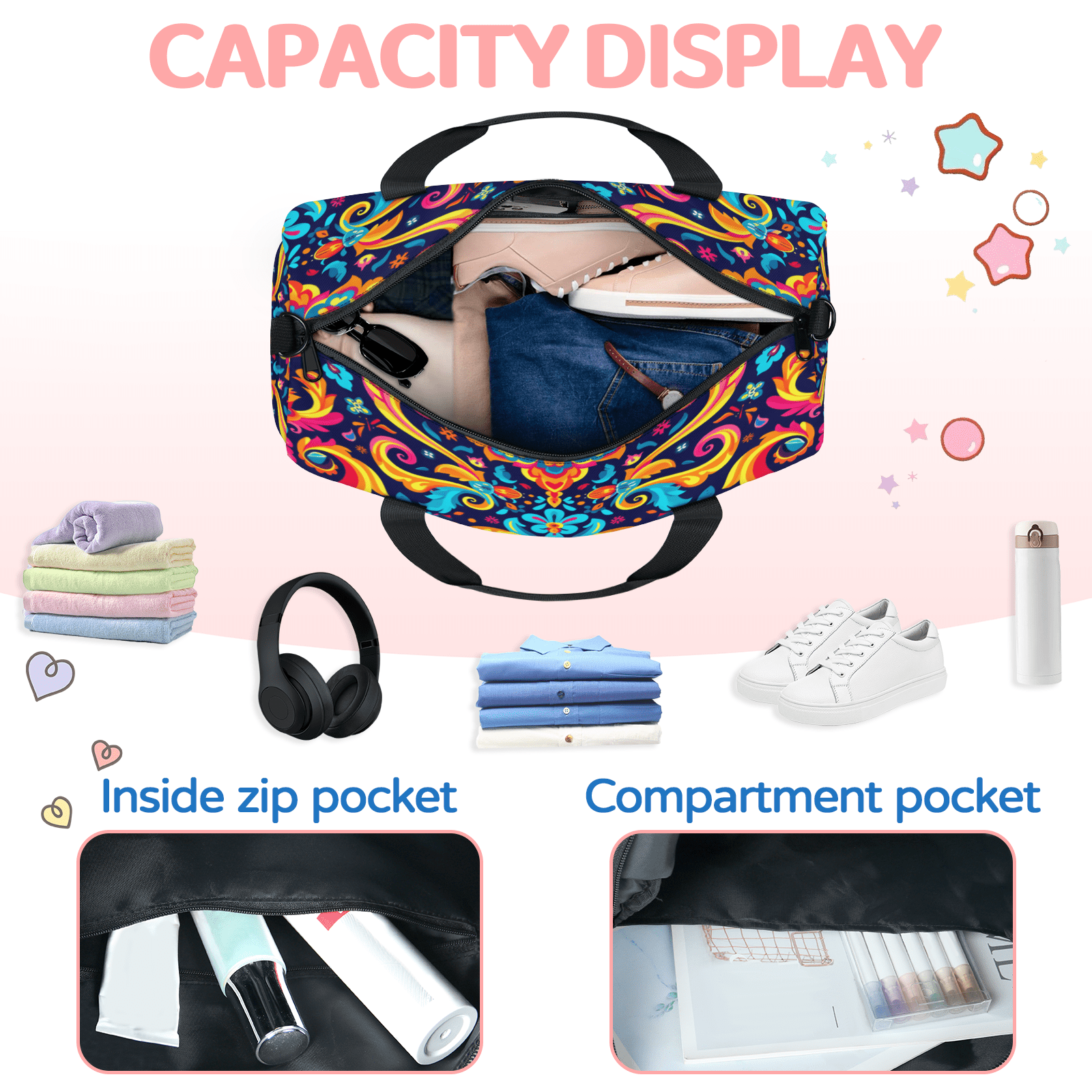 Herdesigns Ethnic Indian Gym Bag for Women, Duffle Bag for Travel Sport, Flower Lightweight Waterproof Carry on Weekender Dance Yoga Workout Bags