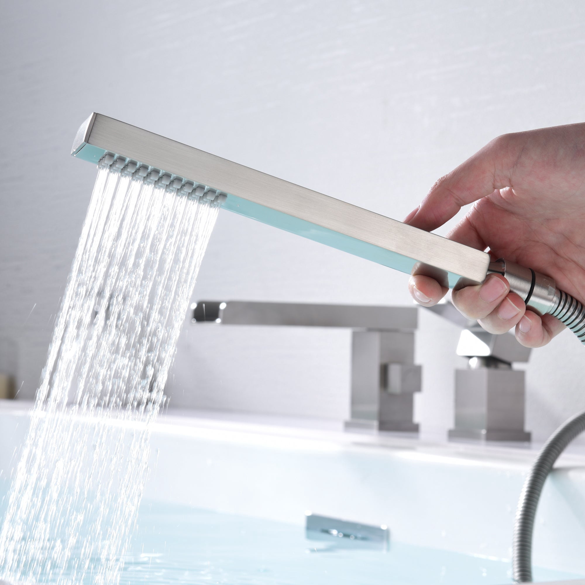 3 Holes Roman Tub Faucet with Sprayer Brushed Nickel Waterfall Tub Filler