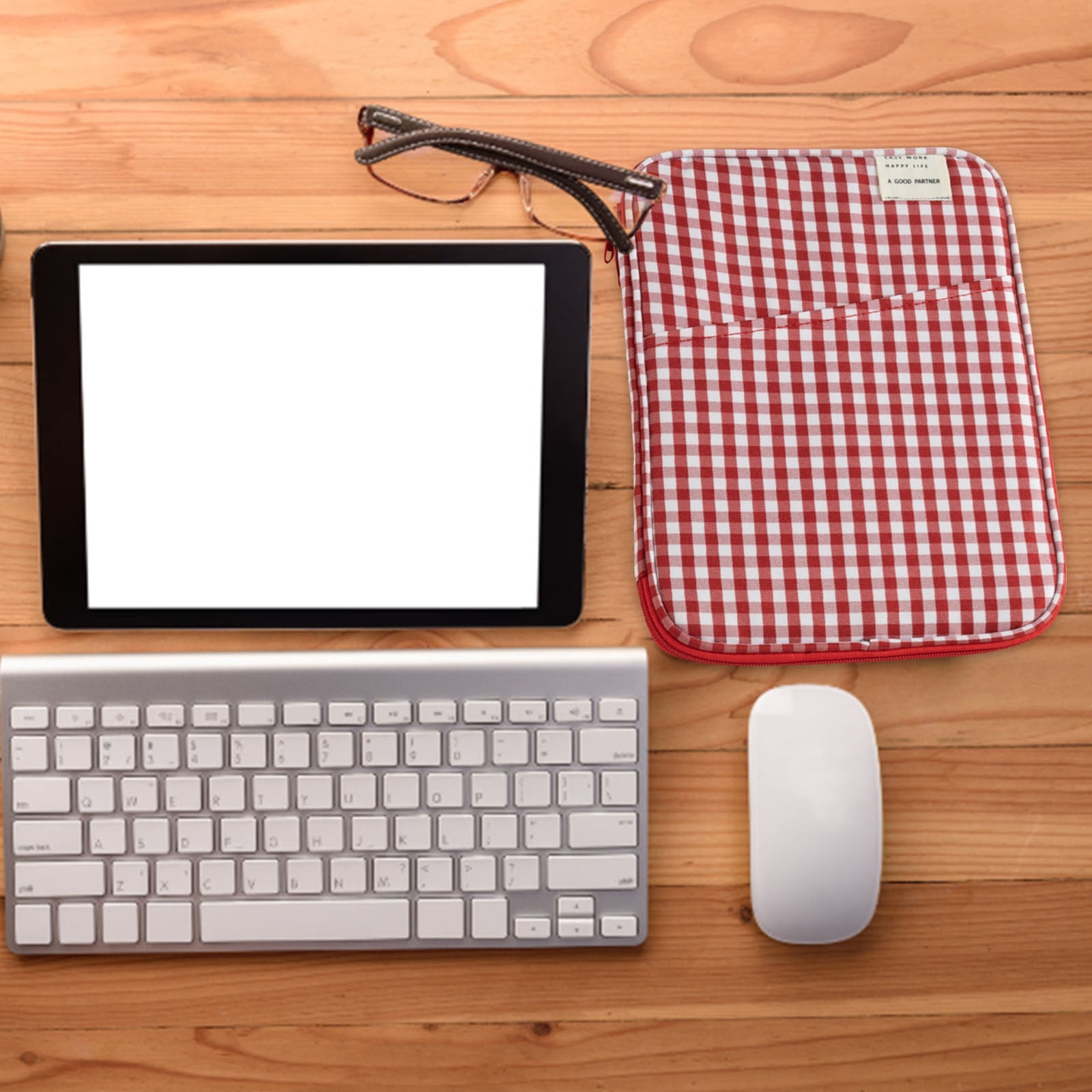 13 Inch Plaid Tablet Sleeve Bag Universal Storage Pouch with Front Pocket for Women Men School Office Accessories(Red 10.63x13.78in)