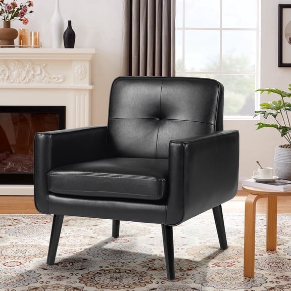 Mid Century Accent Chair – Cozy PU Leather Armchair with Comfy Back for Living Room, Bedroom, Small Spaces (Black)