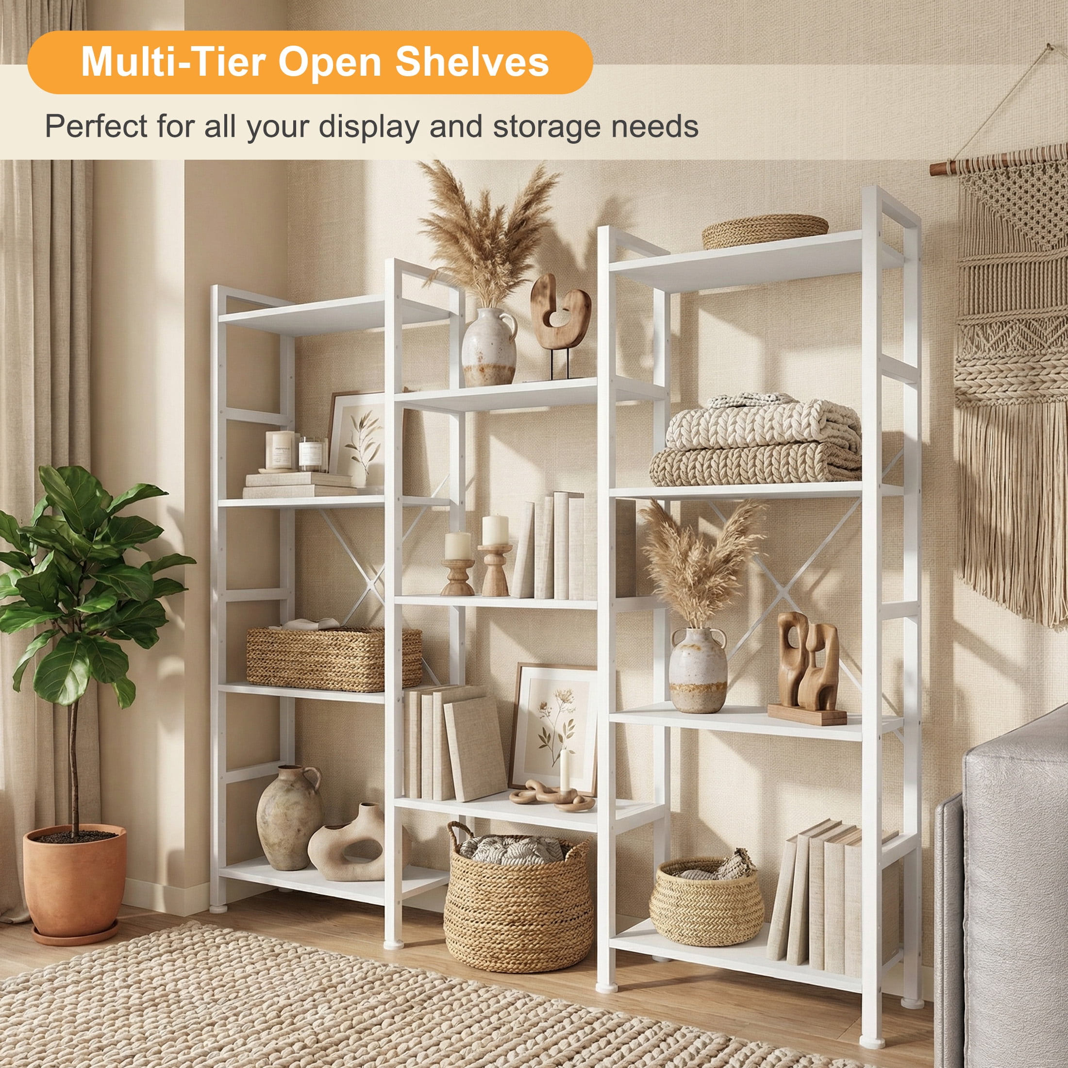 EDX Triple 4 Tier Bookshelf Storage Shelf, Modern Freestanding Bookcase with Metal Frame, Open Display Shelves, Space Saving Storage Organizer, White