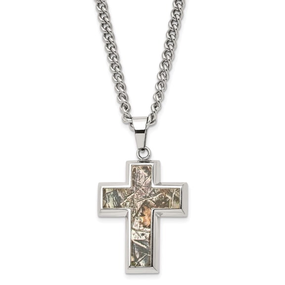 Diamond2Deal Stainless Steel Polished Printed Hunting Camo Under Rubber Cross Pendant on a Curb Chain Necklace for Men 24"