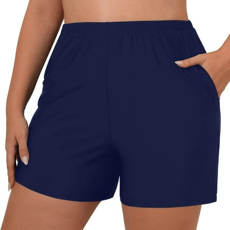 Rigardu swim shorts women Women Plus Size High Waist Bikini Bottoms Swim Briefs Beach Shorts Ruched Bottom High Cut Swim Bottom Full Coverage Swimsuit Bottom Sports Yoga Shorts Dark blue + S