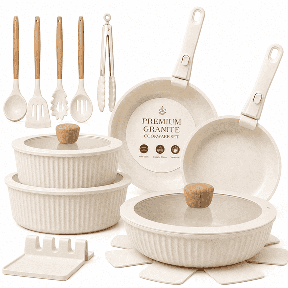 NULAS 22 Piece Pots and Pans Set Non Stick, Stackable RV Kitchen Cooking Set , Cookware Set with Detachable Handle, Dishwasher Safe, Oven Safe, Cream White